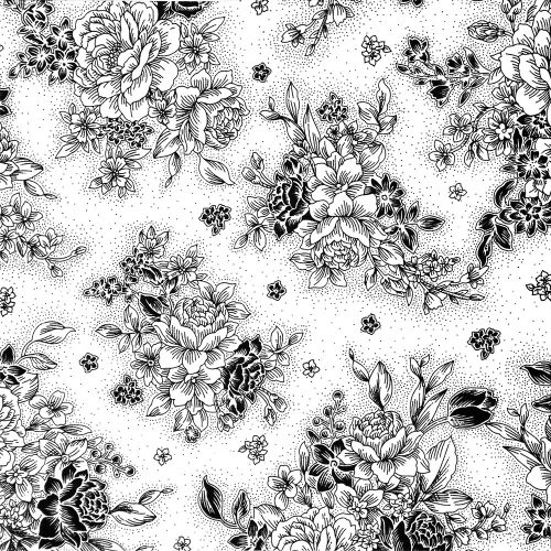 virágok - black and white – floral in white - designer pamutvászon méteráru