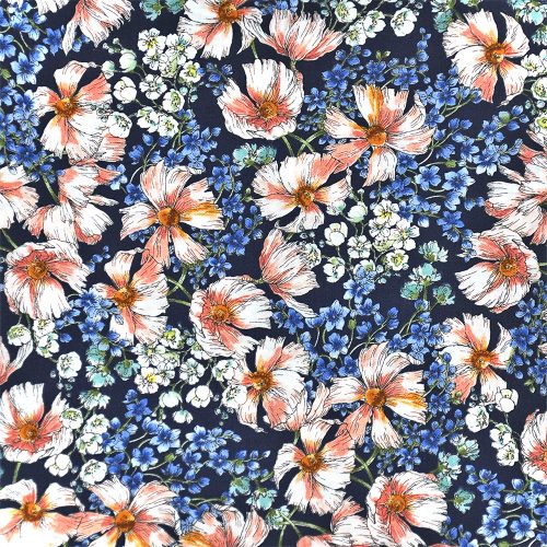 viragok - nature's notebook - flowers in blue jay - designer pamutvászon méteráru